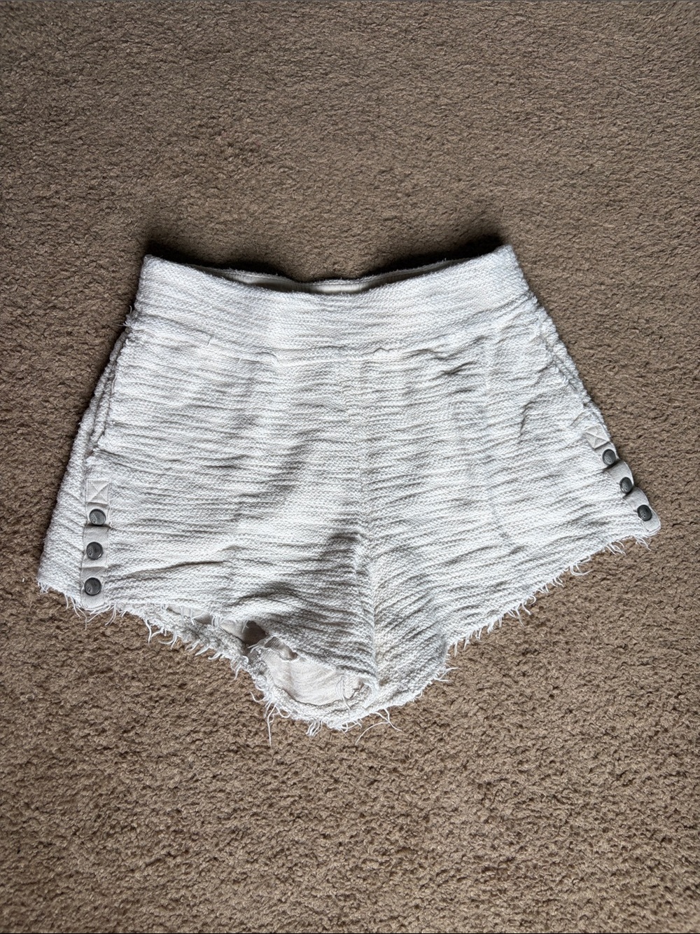 Free People High-Waist White Textured Fringe Shorts